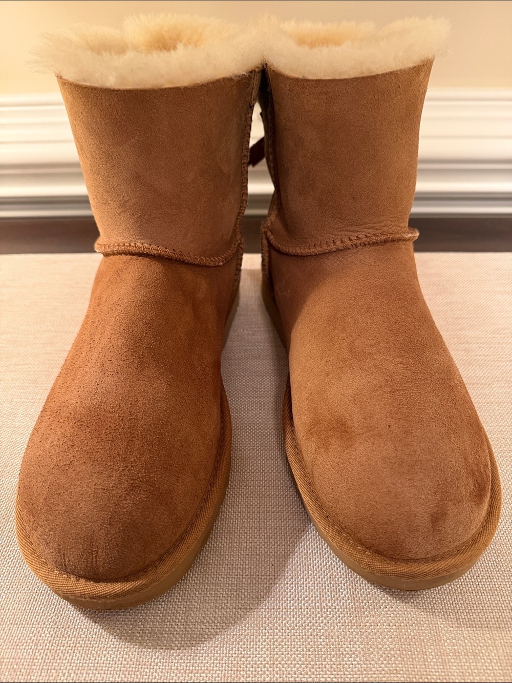 UGG Chestnut Suede Short Boots with Brown Satin Bows - Picture 3 of 7